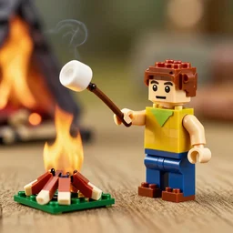 a figure made of legos holding a stick toasting a marshmallow by the campire