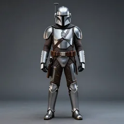 full body portrait of silver mandalorian classic armour style, screen accurate, symmetrical, ultra realistic, mandalorian style nikon d 8 5 0. sigma 8 5 mm f 1. 4 dg hsm a. aperture f / 3. 5. shutter speed 1 / 6 0. iso 1 6 0 0