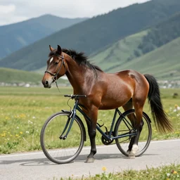 horse on bicycle in the mountains