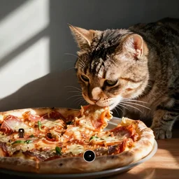 cat eating pizza, taken with iphone, photohraph, sharp focus