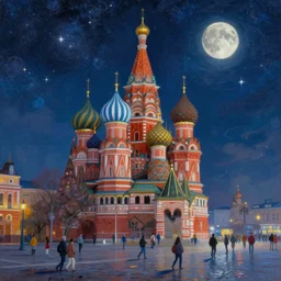 an epic painting of a diverse Russian city square on the Moon in the endless starry night, unreal 5, colorful, DAZ, detailed, soft focus, brilliant, 4k, 8k, HD, trending on artstation, art by Rick Guidice painting by Robert McCall by John Harris
