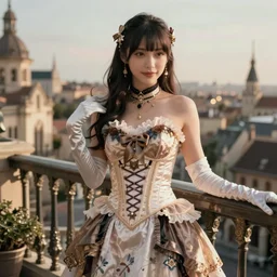 japanese j - pop av idol actress in, corset dress, gloves, at balcony set in lineage ii granado espada. 4 k 8 k huhd 1 6 k instagram photo at behance, epic cinematic movie shot, hollywood. kodak portra, fujifilm superia. adobe lightroom, photoshop, pixlr, affinity, luminar