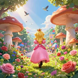 portrait of princess peach, running up a hill of exotic flowers in the Mushroom Kingdom, giant mushrooms, and roses, from behind, streets, birds in the sky, sunlight and rays of light shining through trees, beautiful, solarpunk!!!, highly detailed, digital painting by Michael Garmash and Peter Mohrbacher