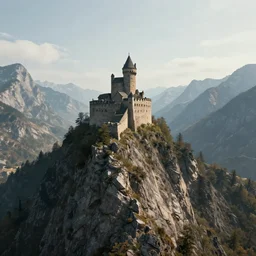 early medieval castle on the top of a rough, steep mountain with great view on other mountains, epic, no trees, no foliage, realistic light, epic, fantasy, digital art