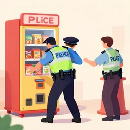 a police officer trying to arrest a snack machine