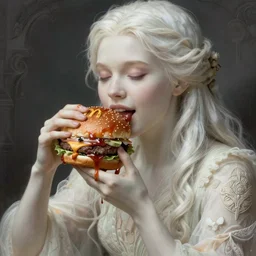Cher eating a mcdonald's big mac hamburger, dripping BBQ Sauce, serving burgers, intricate, elegant, feminine ethereal, hearthstone, D&D, magical mystical, highly detailed, digital painting, artstation, concept art, matte, sharp focus, hyperreal, art by Artgerm and Greg Rutkowski and Alphonse Mucha