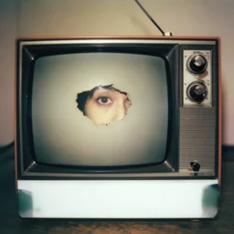 an old tv with an eye peeking out of a know hole, old polaroid, expired film, surreal, creepy,