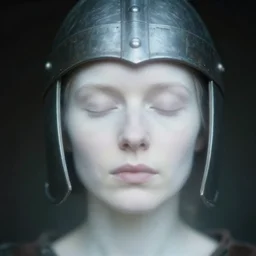 medieval helm, out of focus photorealistic portrait of a beautiful pale woman by saul leiter, very blurry, translucent white skin, closed eyes, foggy, pale lips