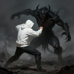 warrior dressed in a white hoodie fighting a dark shadow demon in a desolate landscape, gloomy, intricate, highly detailed, digital painting, artstation, concept art, smooth, sharp focus, illustration, art by artgerm and greg rutkowski