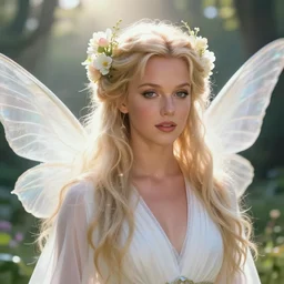 headshot of a beautiful britney spears ethereal magical young winged fairy princess wearing a white robe and flowers in her hair in a fantasy garden, d & d, fantasy, intricate, rim light, god rays, volumetric lighting, elegant, highly detailed, digital painting, artstation, concept art, smooth, sharp focus, illustration, art by greg rutkowski, maxfield parrish and alphonse mucha, sunrise, new art nouveau, soft ambient lighting, particle effects