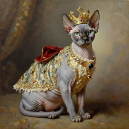 the royal king's sphynx cat by greg hildebrant fancy rococo baroque regal kitten oil painting high quality award winning clothed in fancy garb
