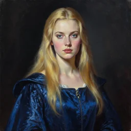 hyperrealism oil painting, complete darkness background, close - up portrait, medieval fashion model, long blonde hair, fully clothes in dark blue reflect robe, in style of classicism mixed with 8 0 s sci - fi japanese books art