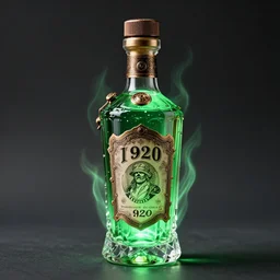 product photo of a luxury decorated steampunk crystal liquor bottle filled with green glowing liquid, green flames, label print is retro 1 9 2 0,