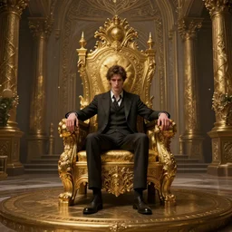 portrait of a lonely thin man sitting on a golden throne, in a mansion, intricate, detailed, wide lens, unreal engine, fantasy art by greg rutkowski