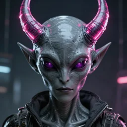 synthwave demonic grey alien face with neon horns, detailed face, sharp focus, synthwave art, aesthetic, octane render, raw, cinematic
