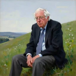 a coherent award - winning beautiful!!! portrait of a calm bernie sanders!, sitting on a beautiful hill, painted by zdzislaw beksinski