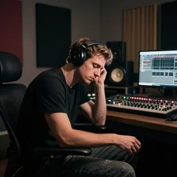 tired music producer making drum and bass in a dingy music studio, stylistic professional photography, back lit
