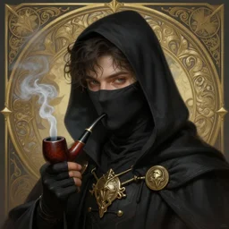 cute young shadow mage male, smoking a pipe, shrouded face, deep focus, d & d, fantasy, intricate, elegant, highly detailed, digital painting, artstation, concept art, matte, sharp focus, illustration, hearthstone, art by artgerm and greg rutkowski and alphonse mucha