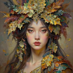 a beautiful girl in intricate detailed color oilpaint, 3 d render, hyper realistic detailed portrait, flocking color leaves, ornate leaves headpiece, elegant, intense colors, ruan jia, wlop. scifi, fantasy, hyper detailed, octane render, concept art, by peter mohrbacher, by alphonse mucha, by wlop, by ruan jia
