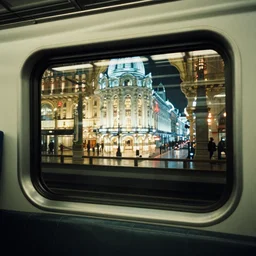 fuji 5 0 r, 3 5 mm ; film still of shinkansen interior with leather seat side window view with ; in the background anamorphic projection of beautiful hyperrealistic wide lens film still from ronin ( 1 9 9 0 ) negresco promenade scene, in style of 1 9 9 0 frontier in porcelain photography architectural studio edition, highly detailed, cinematic lighting, 8 k