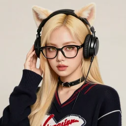realistic beautiful gorgeous natural cute Blackpink Lalisa Manoban blonde hair cute fur blonde cat ears, wearing virgin killer sweaters elegant outfit, wearing headphones. wearing black leather choker, wearing glack glasses, golden eyes artwork drawn full HD 4K highest quality in artstyle by professional artists WLOP, Taejune Kim, Guweiz, ArtGerm on Artstation Pixiv