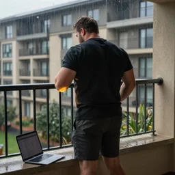 a pumped up guy is standing backwards, he's wearing a black t - shirt, he's on a hotel balcony, it's raining behind him, a laptop is lying next to him, the light from the laptop is hitting the guy
