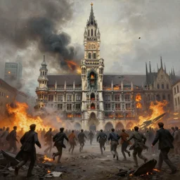 city of munich destroyed by a meteor!!!, rubble!!, fires!!, jewish bankers running away in panic!!!, hyperrealistic, highly detailed, cinematic, foggy light from fires, beautiful, cgssociety, artstation, 8 k, oil painting by greg rutkowski, by artgerm, by wlop