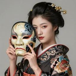 neo - traditional style japanese woman holding a cyborg mask, intricate detail, 8 k - 7