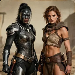 two fighting tribeswoman,vertical composition, destroyed armor, inspired by monster hunter and westerns, muscular body, clean beautiful symmetrical face,  subtle make up, epic,dramatic lighting, cinematic, establishing shot, extremely high detail, photorealistic, black panther the movie and dune the movie and cyberpunk, cinematic lighting, artstation, octane render, western,old photo, vintage