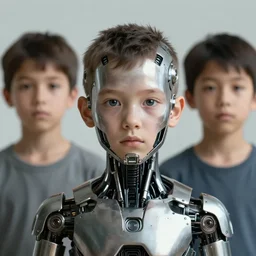 cyborg kid face made of metal and optical features stand infront of normal human kid without modifications. photorealistic, hyperrealistic, cinematic, artstation, octane render, unreal, 8 k