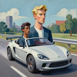 “an cubist hyper realistic futuristic painting of two men, a tall blond man and a dark haired man driving in a fast car.”