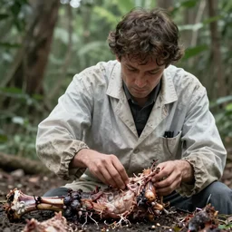 A feral psychiatrist in his natural habitat feeding on a rotten carcass. He is in his thirties and wearing a dirty worn out lab coat. 4K, National Geographic photograph