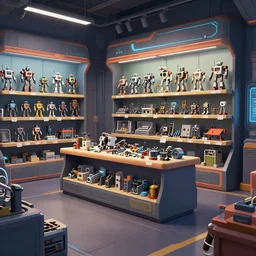 inside a store that sells robot parts, on a spaceship, cyberpunk style, from a point and click 2 d graphic adventure game, art inspired by [ [ thomas kinkade ] ] and [ mark keathley ]