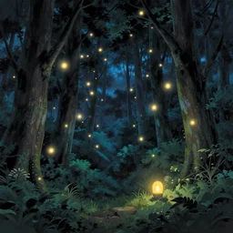 Forest at night with floating lights, magical, by Studio Ghibli