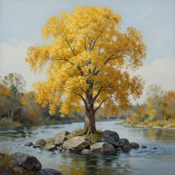 a highly detailed matte oil painting by ( ( ( afremov ) ) ) and greg rutkowski of a very tall tree with lots of golden leaves growing on a pile of rocks in the middle of a river.