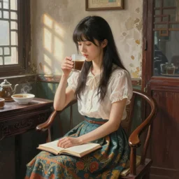 portrait painting of a beatful girl wearing a skirt drinks coffee in a shabby chinese room by wenjun lin, irakli nadar, bright colors, octopath traveler, wenjun lin, unreal engine 5 highly rendered, global illumination, 9 radiant light, detailed and intricate environment