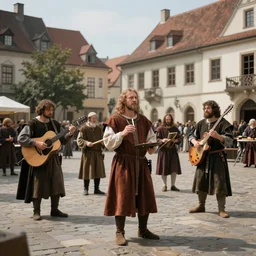 medieval musicians on a medieval city square, photograph, photorealistic, 8k high definition, artstation, octane render, in style of peter mohrbacher