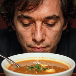 mark e smith, face mostly obscured by soup, at the bottom of my bowl of soup