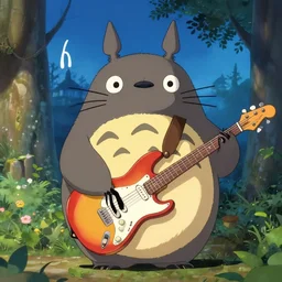 😇 totoro, playing an electric guitar and doing the horn symbol with his hand fantasy digital art, wow, stunning, ghibli style, hight quality