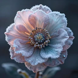macro lens photograph, frozen flower, pastel tones, moody, backlit : hugh kretschmer, scott listfield, wayne barlowe, casey weldon : ornate, dynamic, particulate, rich colors, intricate, elegant, highly detailed, centered, artstation, smooth, sharp focus, octane render