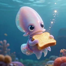 a cute squid is dreaming of a piece of toast, big eyes, light particles, 3d render, volumetric lighting, underwater, beautiful light, subsurface scattering, pearlescent, trending on artstation, 50 mm lens