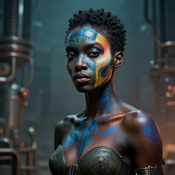 a woman with a painted face and body, cyberpunk art by bruce onobrakpeya, featured on cg society, afrofuturism, reimagined by industrial light and magic, behance hd, movie still
