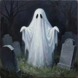 robbie trevino painting of a strange ghost in a graveyard