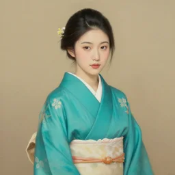 beautiful portrait painting an asian girl wearing a teal kimono, art by ruan jia