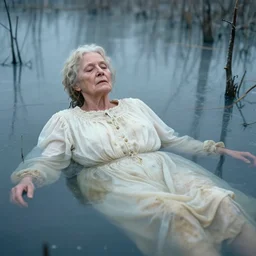 movie still by tarkovsky of a frozen elder woman in a dirty white dress drowned in a swamp with snow and birch, cinestill 8 0 0 t 3 5 mm, heavy grain, high quality, muddy, foggy