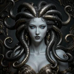 portrait of medusa, hyper detailed, dark palette, masterpiece, ornate dark, suehiro moaruo, katsuhiro otomo, shintaro kago, cgsociety, octane render, ambient light