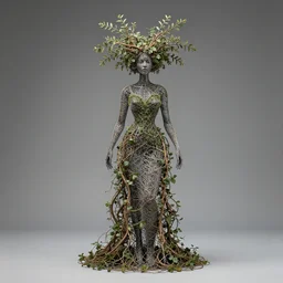 a woman in a dress with branches on her head, a surrealist sculpture by meret oppenheim, featured on zbrush central, afrofuturism, made of wire, biomorphic, made of vines