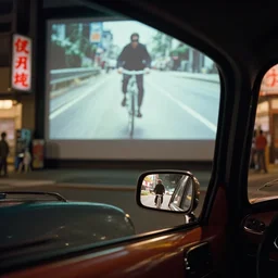 fuji 5 0 r, 3 5 mm ; monaco film still of beetle style car interior with front seat side mirror window view ; in background a projection of beautiful hyperrealistic film still from matrix ( 1 9 9 0 ) bicycle chase scene directed by wes anderson instyle of 1 9 9 0 s frontiers in miniature porcelain kintsugu design magazine seinen manga edition, real - life seinen manga porcelain sci - fi font izakaya sign, highly detailed, cinematic lighting, 8 k