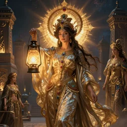 goddess of the new city with her lantern, by Annie Swynnerton and Nicholas Roerich and jean delville, dramatic cinematic lighting , ornate headdress , flowing robes, lost civilizations, extremely detailed