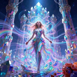 mysterious cosmic girl over epic mystical crystal temple, infinite glissando, hallucinogenic waves, synthwave, bright neon colors, highly detailed, cinematic, eyvind earle, tim white, philippe druillet, roger dean, ernst haeckel, lisa frank, aubrey beardsley, kubrick